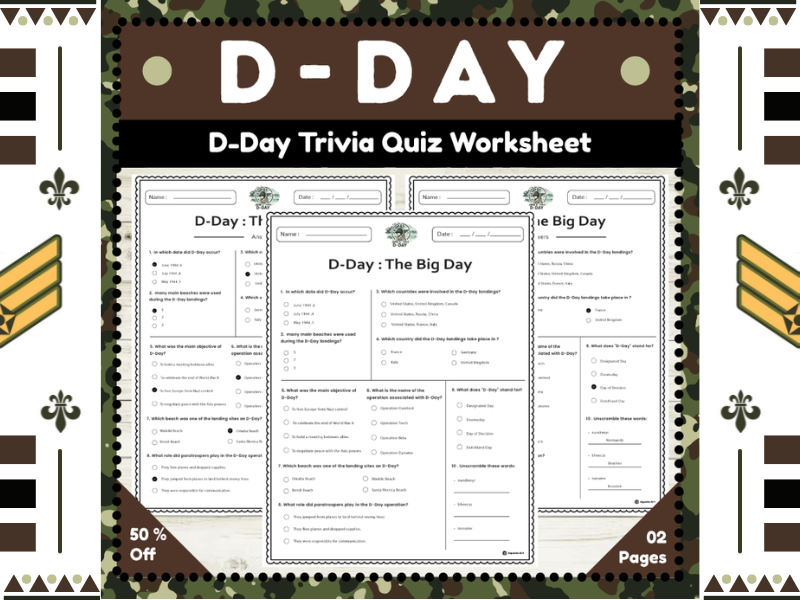 D-Day Trivia Quiz Worksheet : Invasion of Normandy No-Prep Test for 2nd Grade