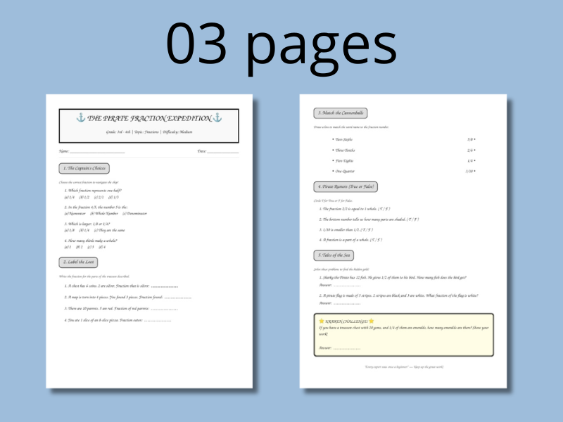 Pirate Fraction Expedition: 3rd & 4th Grade Math Adventure Worksheet