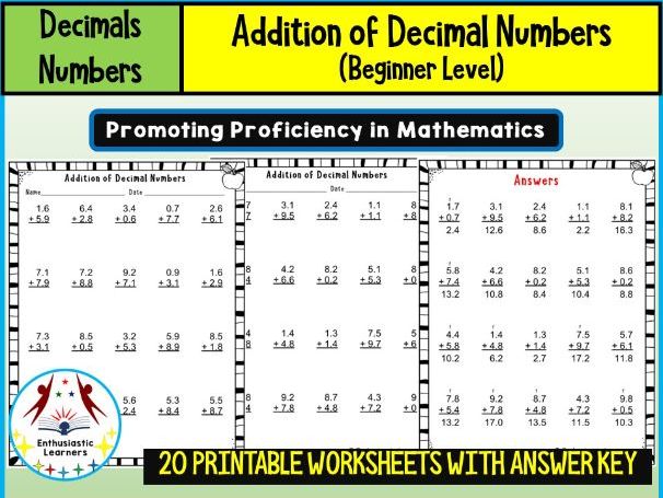 Addition of Decimal Numbers Worksheets (Basic Level) Beginner level Math Problems