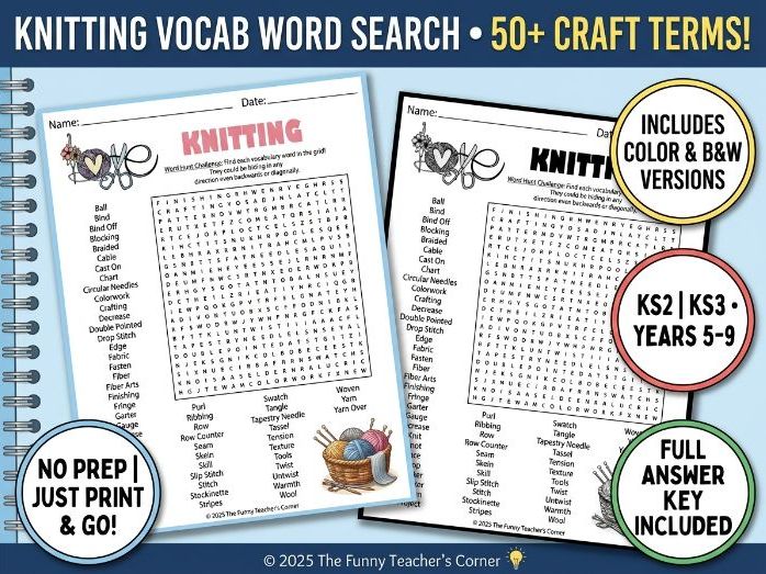 Knitting Terms Word Search | Textiles & Crafts Vocabulary Activity | KS2 KS3 Years 5-9