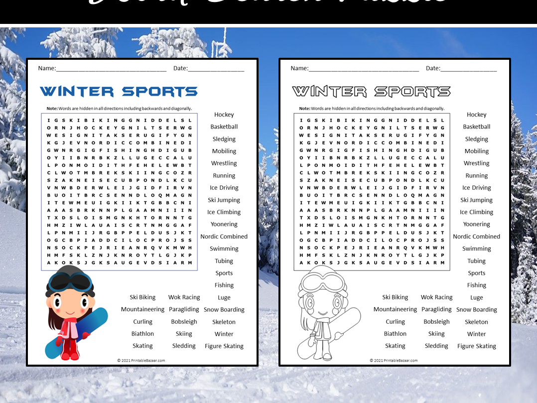 Winter Sports Word Search Puzzle Teaching Resources