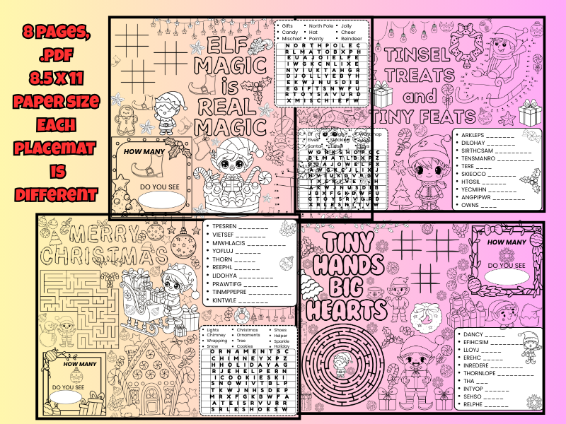 Elf Christmas Placemats, 5 pages. Grades 1-5