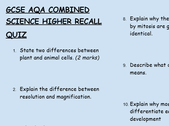 GCSE HIGHER Combined Science: Cell Biology – Low-Stakes Retrieval Questions