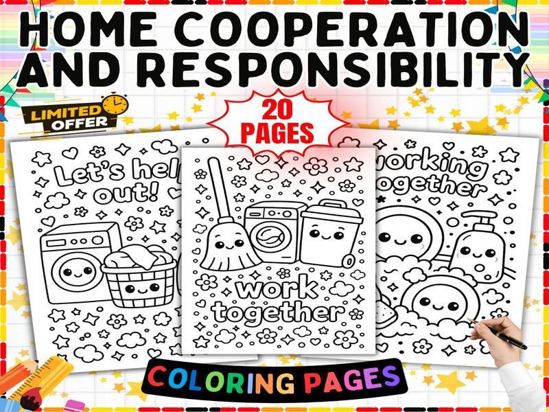 Household Helpers Coloring Pages | 20 Page Coloring Sheets | Chores and Teamwork