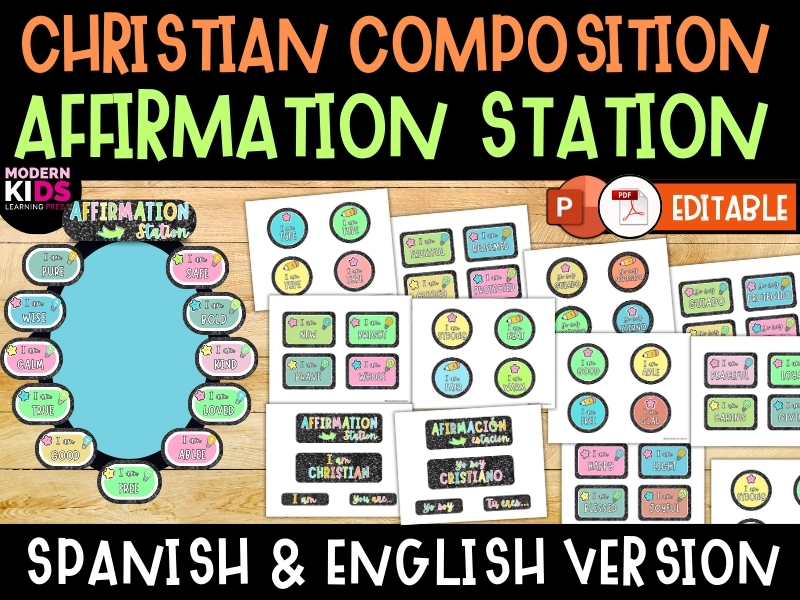Editable Christian Composition Notebook Affirmation Station Spanish & English