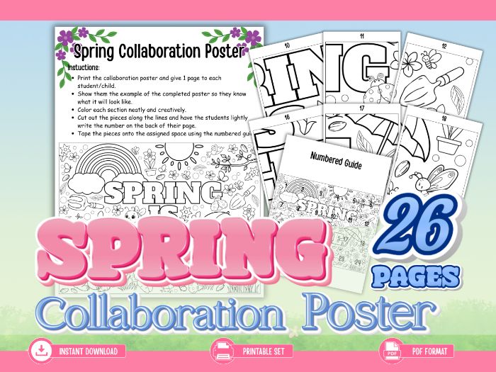 Spring Collaborative Coloring Poster Printable Classroom Activity–Student Group Coloring Mural