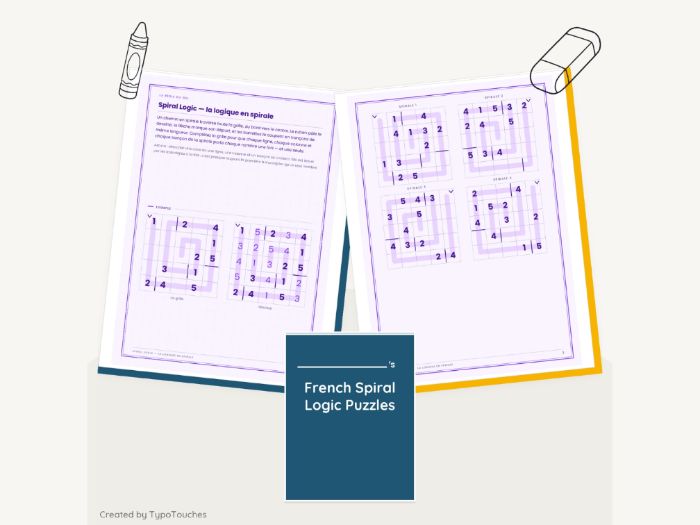 French Spiral Logic Puzzles | 12 Sheets