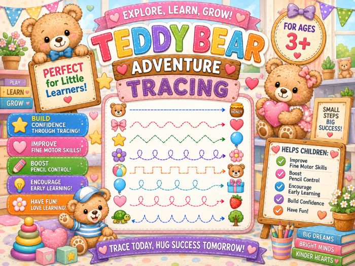 Teddy Bear Tracing Worksheets | Fine Motor & Pre-Writing Activities | Preschool–Grade 1