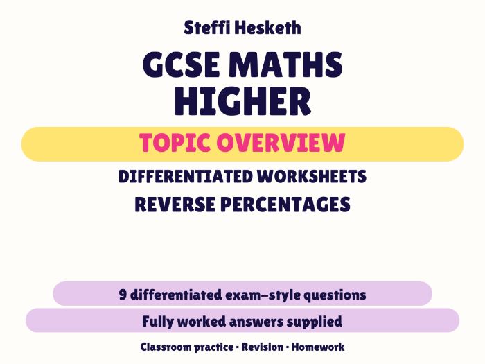 GCSE Higher Reverse Percentages | Topic Overview Differentiated Worksheet