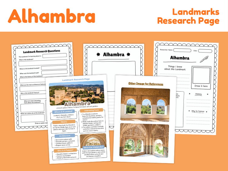 Alhambra Landmark Research Project | Spain History & Architecture Worksheets