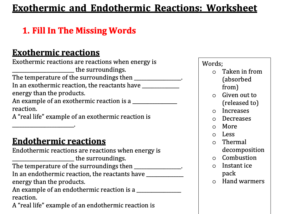 Endothermic And Exothermic Reactions Worksheet With Answers Pdf