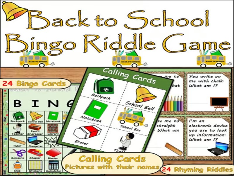 Back to School Speech Therapy Bingo Game Riddles for Language & Listening Skills