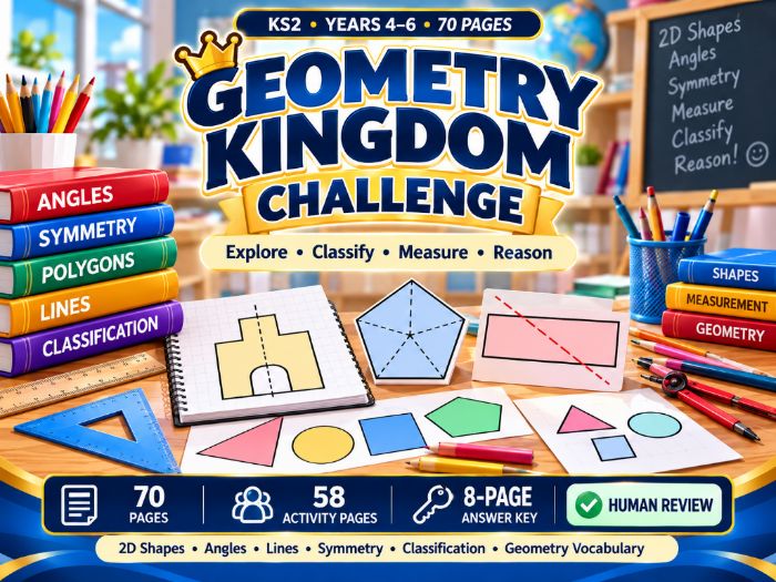 Geometry Kingdom Challenge  KS2 Shapes and Geometry Worksheets  Years 4–6  70 Pages