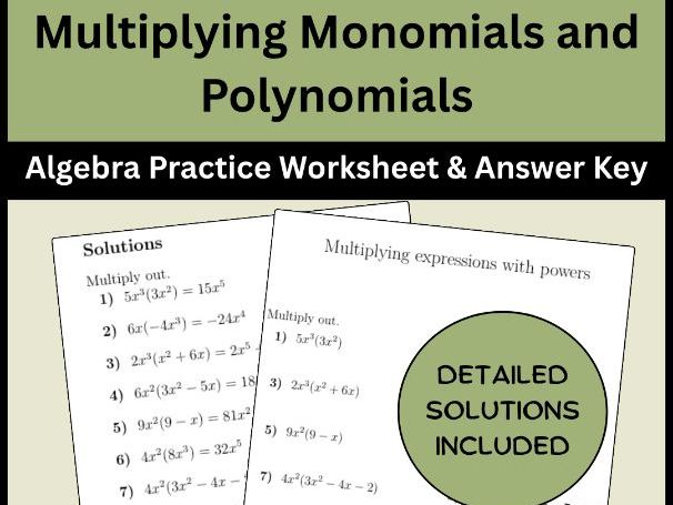 Multiplying Monomials and Polynomials Algebra Practice Worksheet & Answer Key