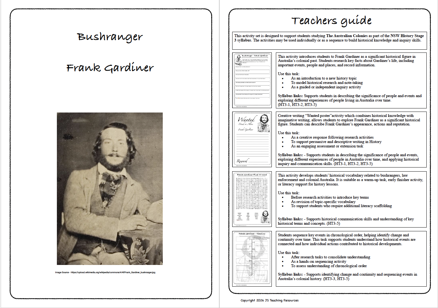 Bush Ranger Worksheets Frank Gardiner Bushranger (Years 5–6) The Australian Colonies Stage 3 ...