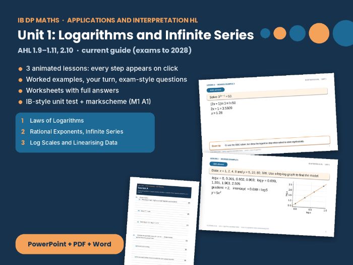 IB Maths AI HL Logs and Infinite Series – HL Unit 1: log laws, sums to infinity, log scales, IB test
