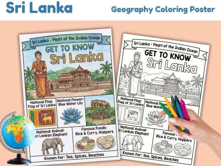 Sri Lanka Geography Coloring Poster | Country Facts Worksheet