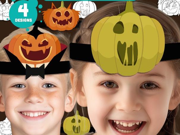 Halloween Pumpkin Crown, Printable Pumpkin Headband, Paper Hat Craft, Pre-Colored & B&W
