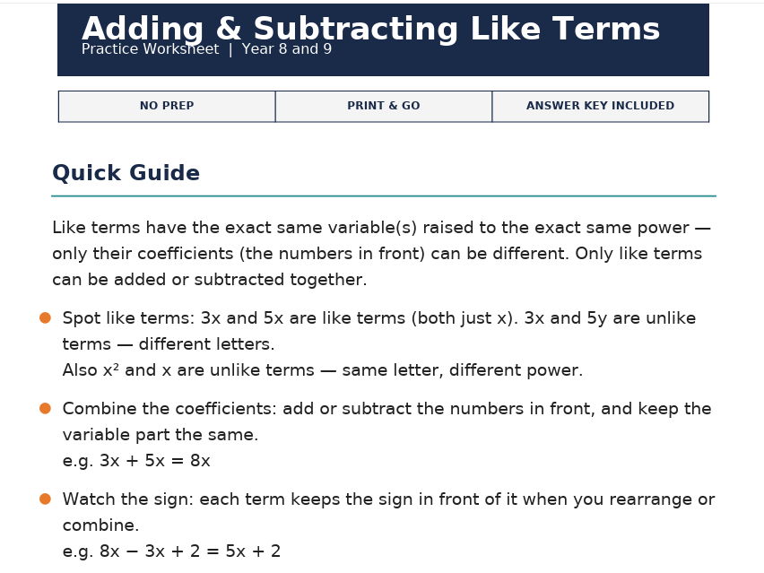 Adding & Subtracting Like / Unlike Terms Worksheet | Year 8–9 Algebra | Print & Go with Answers