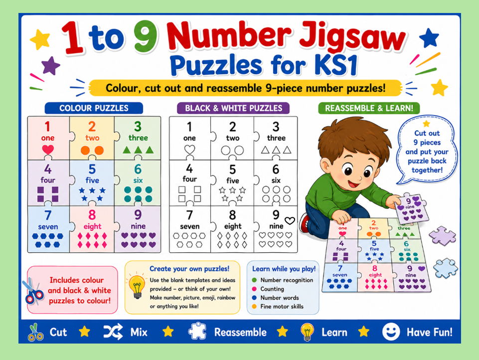 1 to 9 Number Jigsaw Puzzles for KS1