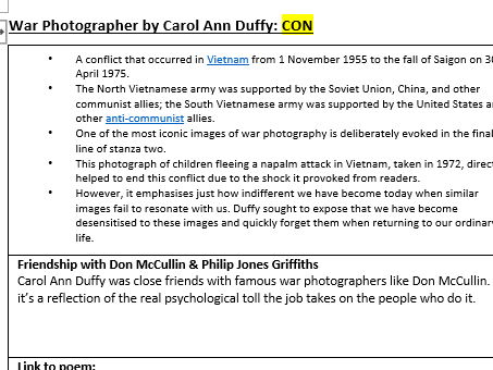 WJEC Poetry 2027 War Photographer Historical Context revision sheet