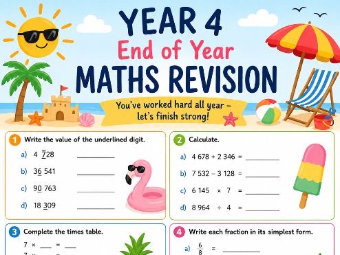 Year 4 End of Year Maths Revision Worksheet | Summer-Themed Maths Activity | KS2 Printable PDF