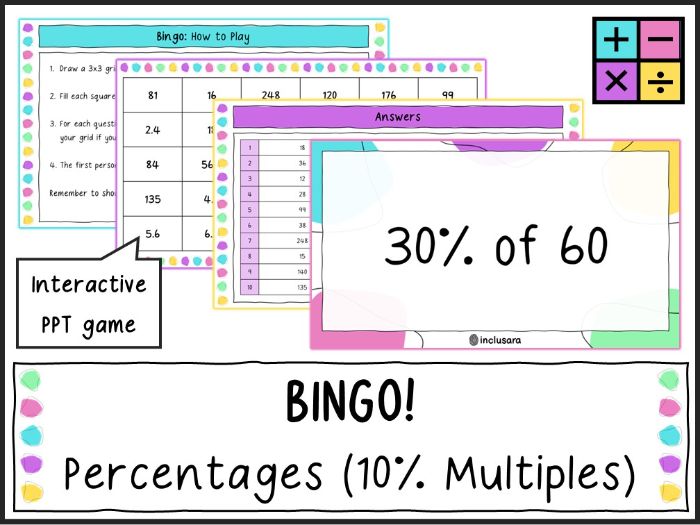 Percentages of Amounts Starter, Percent of a Quantity Bingo, 10% of an Amount