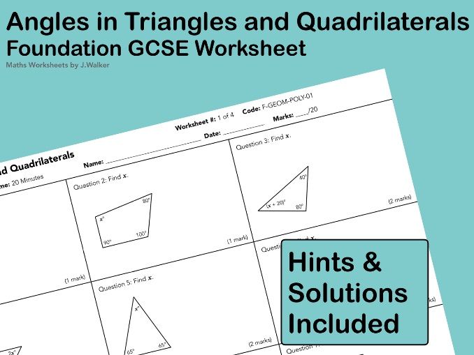GCSE Maths Worksheet: Angles In Triangles And Quadrilaterals - Foundation Tier