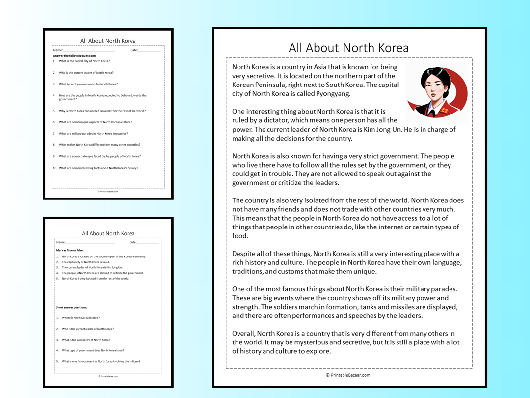 All About North Korea Reading Comprehension Passage Printable Worksheet ...