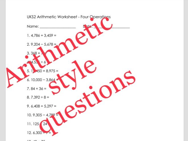 UKS2 Arithmetic worksheet - four operations