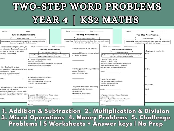 Two-Step Word Problems Year 4 | KS2 Maths | 5 Topics + Answer Keys | Mixed Operations