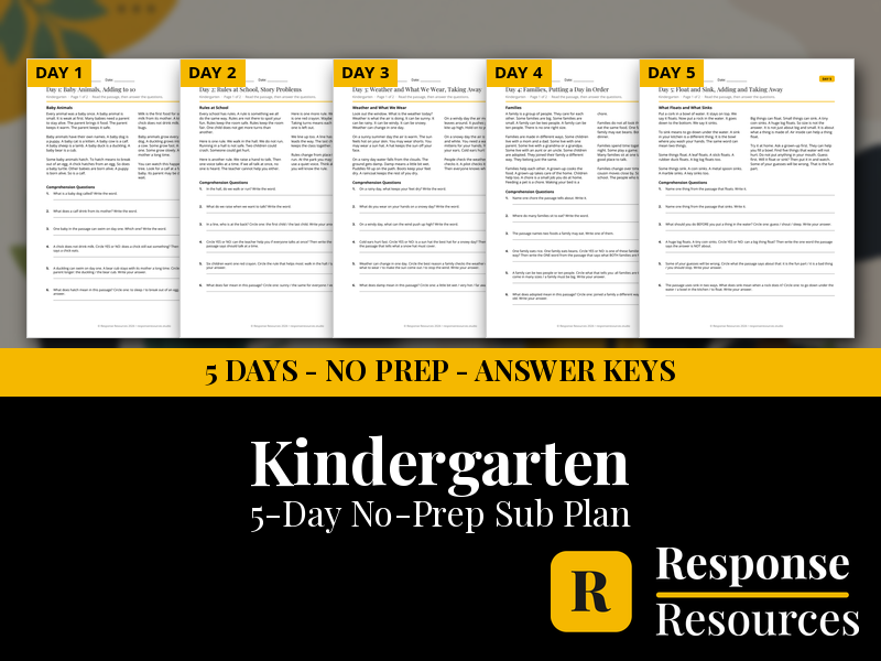 Kindergarten Emergency Sub Plans - 5 Days No Prep All Subjects Print and Go