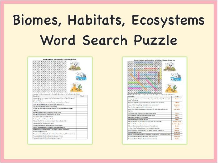 Biomes, Habitats, and Ecosystems - Word Search Puzzle Worksheet, Printable PDF