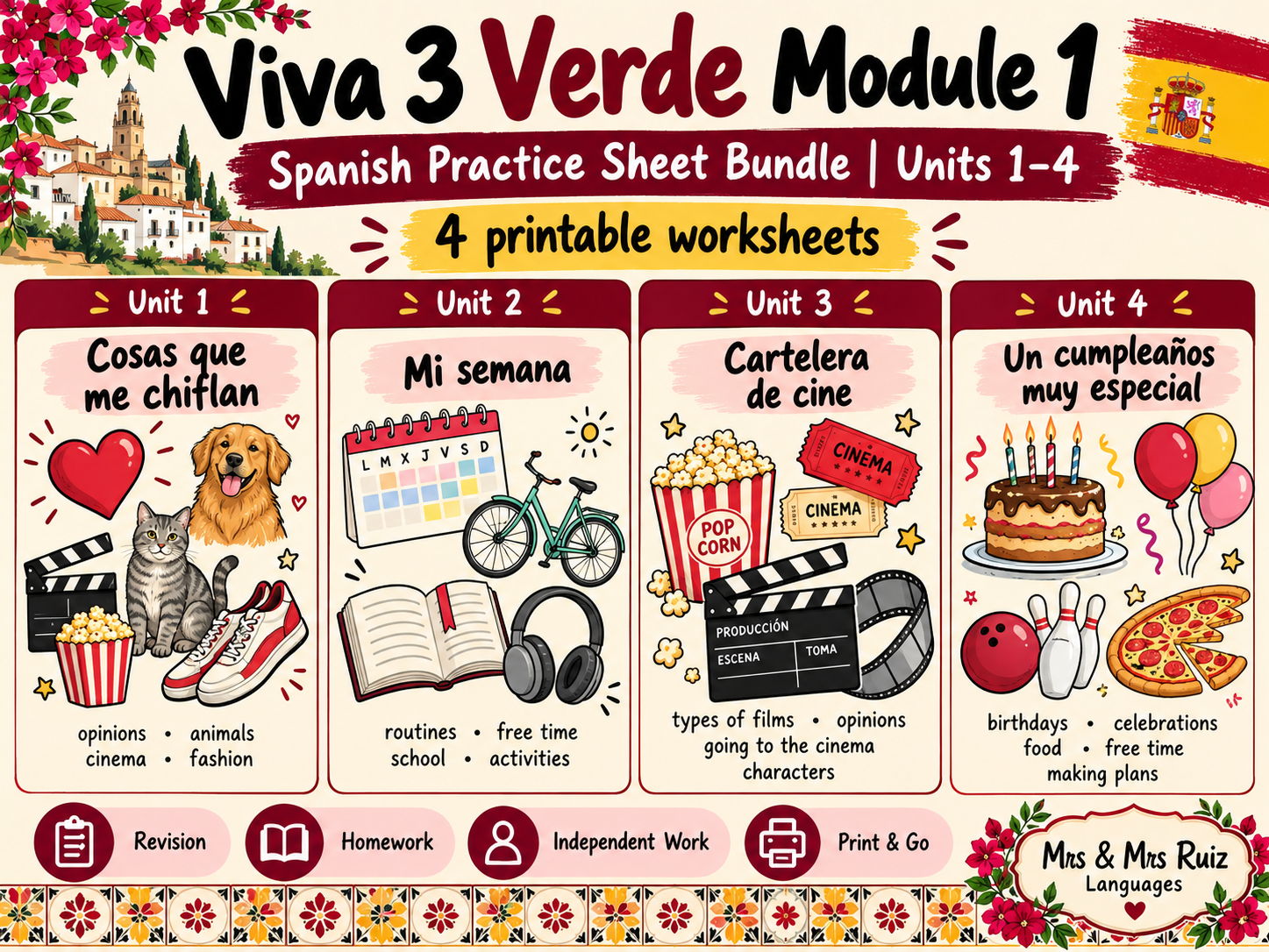 Viva 3 Verde Module 1 – Spanish Practice Sheet Bundle | Units 1–4