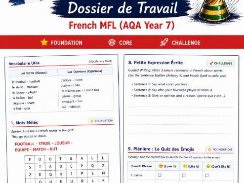 French Football & World Cup Workbook | Year 7 French | KS3 French | AQA-style Activities