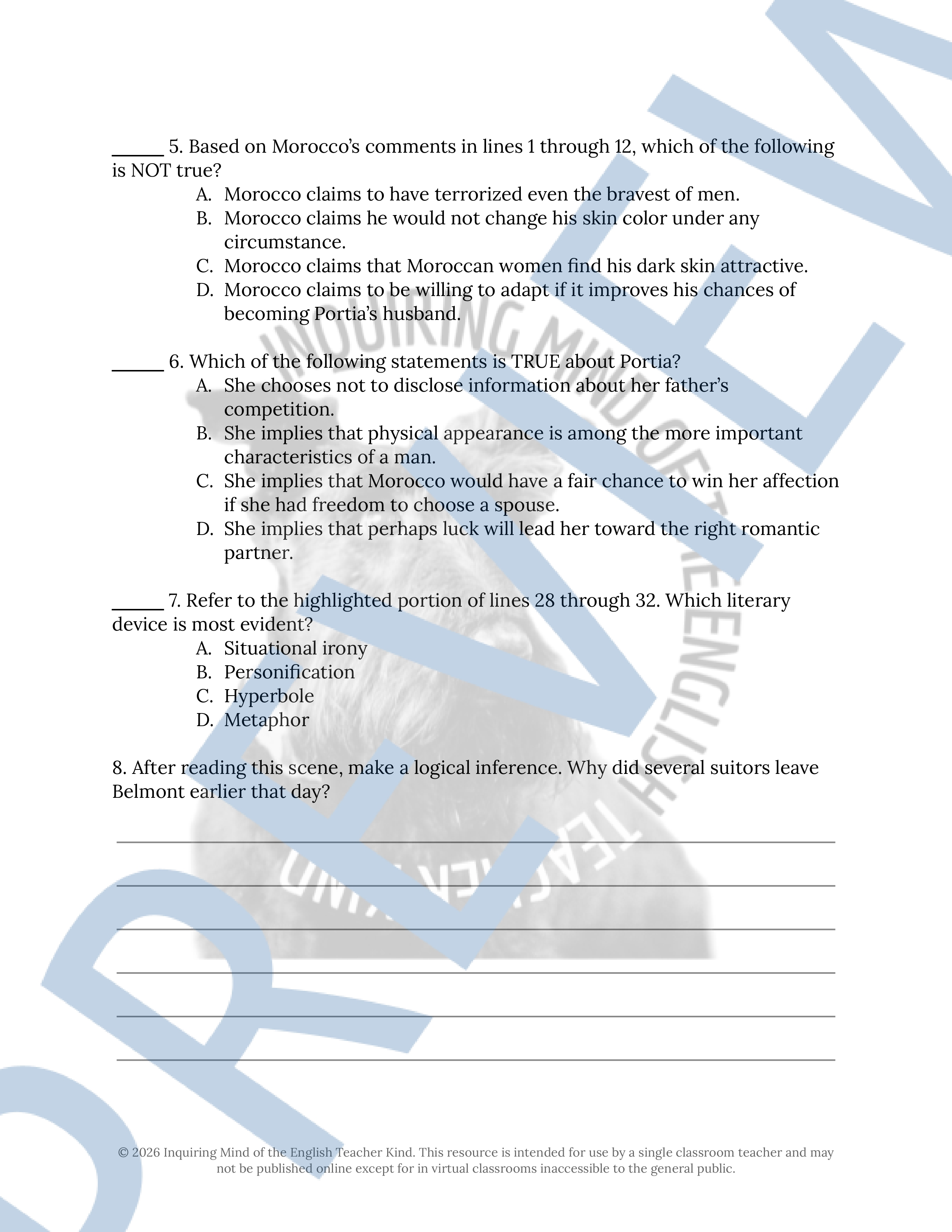 The Merchant of Venice Act 2 Scene 1 Close Reading Analysis Worksheet ...