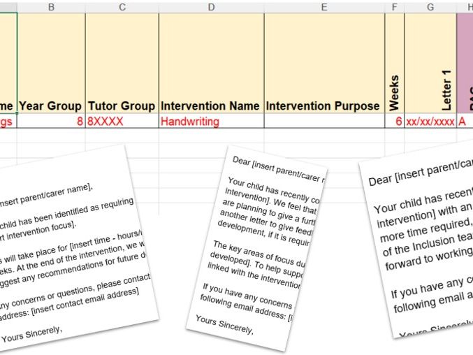 Inclusion Intervention Communication Tracker with Accompanying Letters