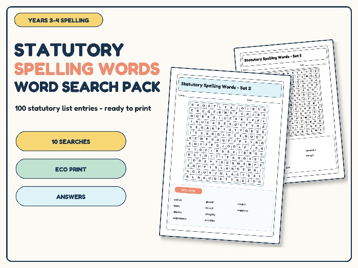 Years 3-4 Statutory Spelling Words | 10 Word Searches