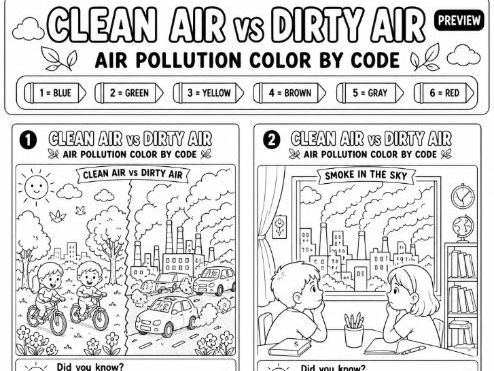 Clean Air vs Dirty Air | Air Pollution Color by Code Worksheets for Kids (K-grade3)