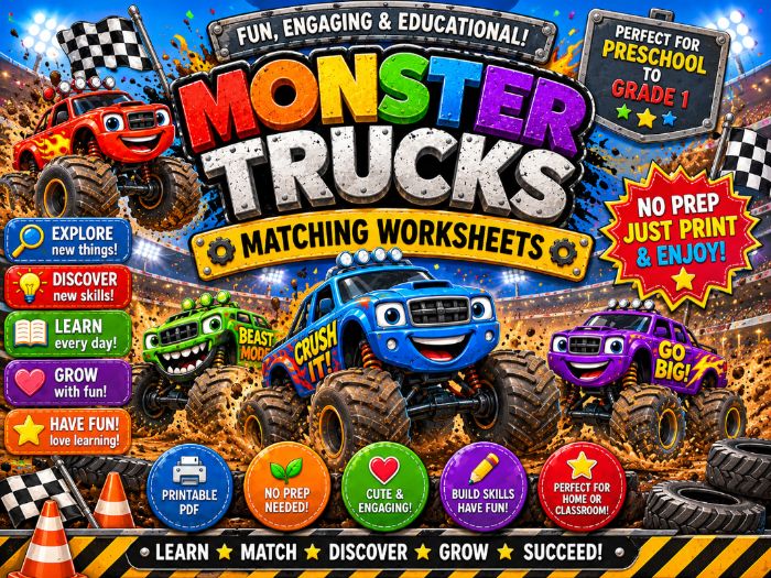 Monster Truck Matching Worksheets | Picture, Number, Letter, Shape & Color Activities | Preschool–1