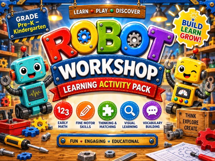 Robot Workshop Activities for Pre-K & Kindergarten | Math, Tracing, Matching & Vocabulary