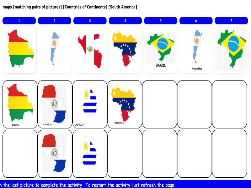 maps [matching pairs of pictures] [countries to Continents] [South America]