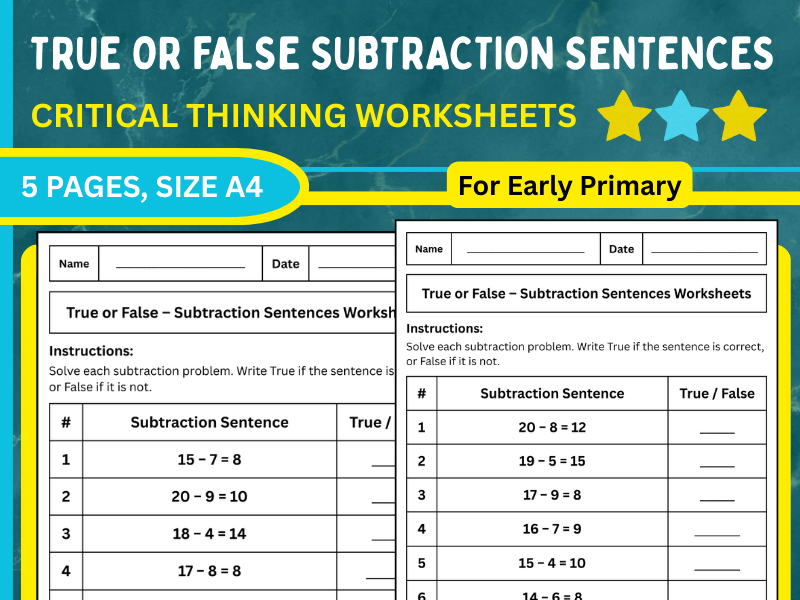 True or False Subtraction Sentences – Critical Thinking Worksheets