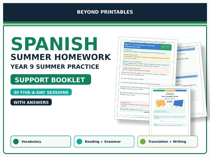 Spanish Summer Homework Booklet: Year 9 Summer Practice Support with Answers