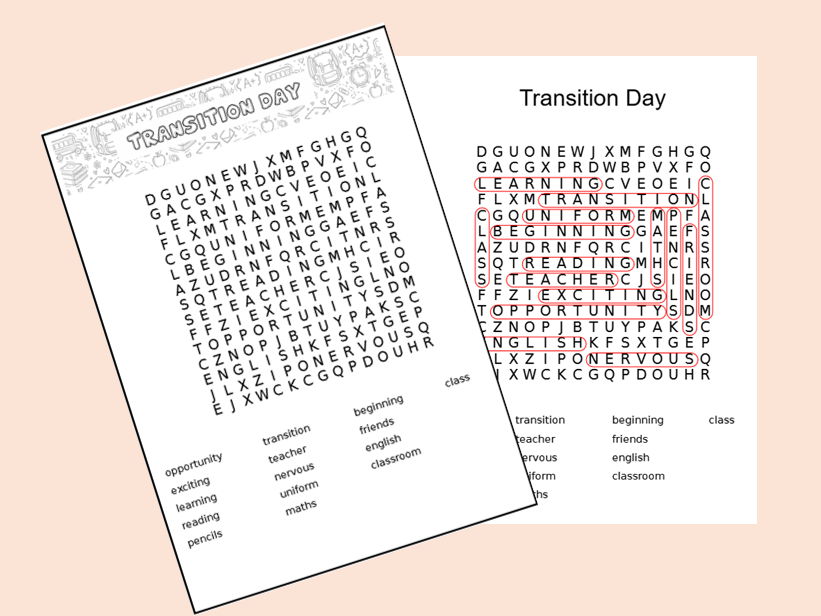 Transition Day Activity- Word search and answers