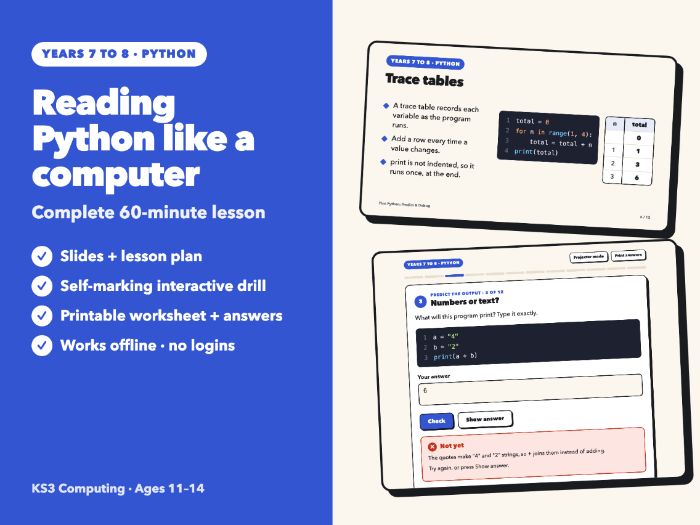 Python Lesson: Predict the Output, Debugging & Trace Tables | Slides, Self-Marking Drill | KS3
