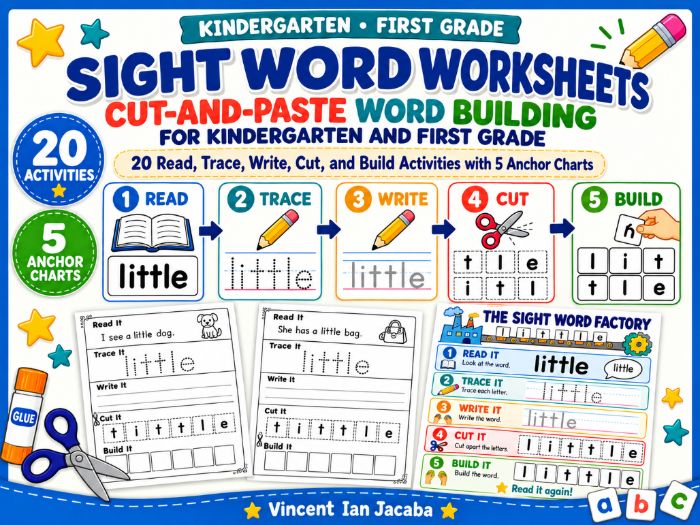 Sight Word Worksheets | Cut and Paste Word Building | Kindergarten & Year 1