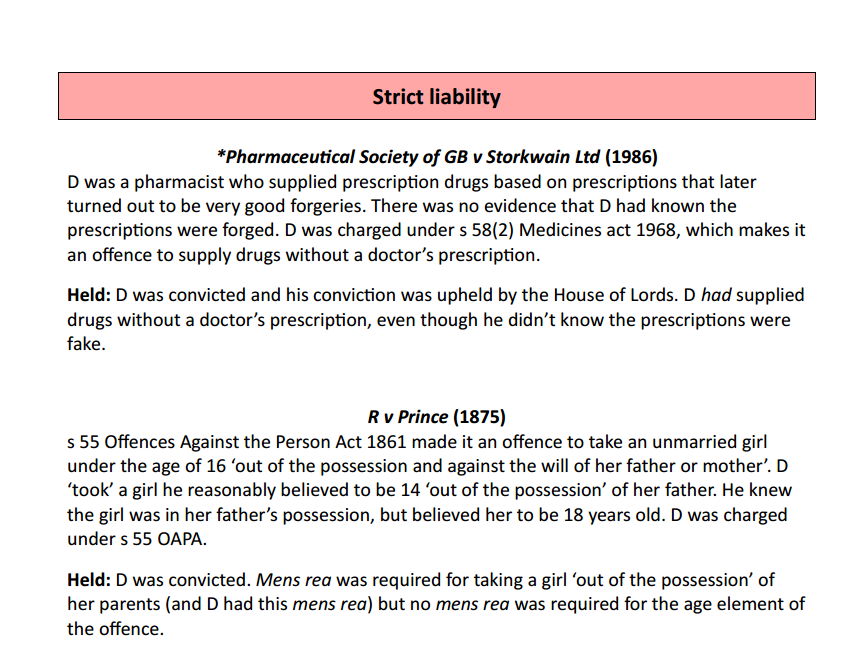 Strict liability - case and statute list for AQA A-level law