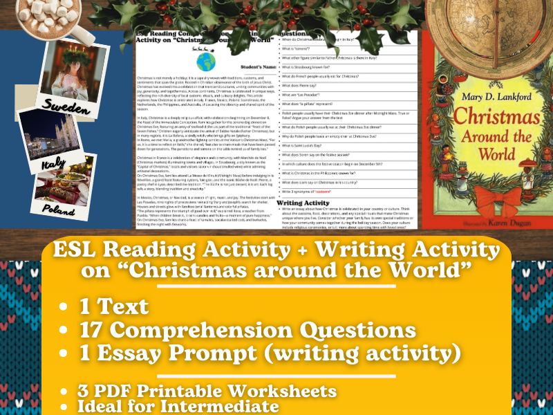 ESL Reading Comprehension + Essay Worksheets - Christmas around the World