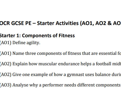 OCR GCSE PE AO1, AO2, AO3 starter Q's
